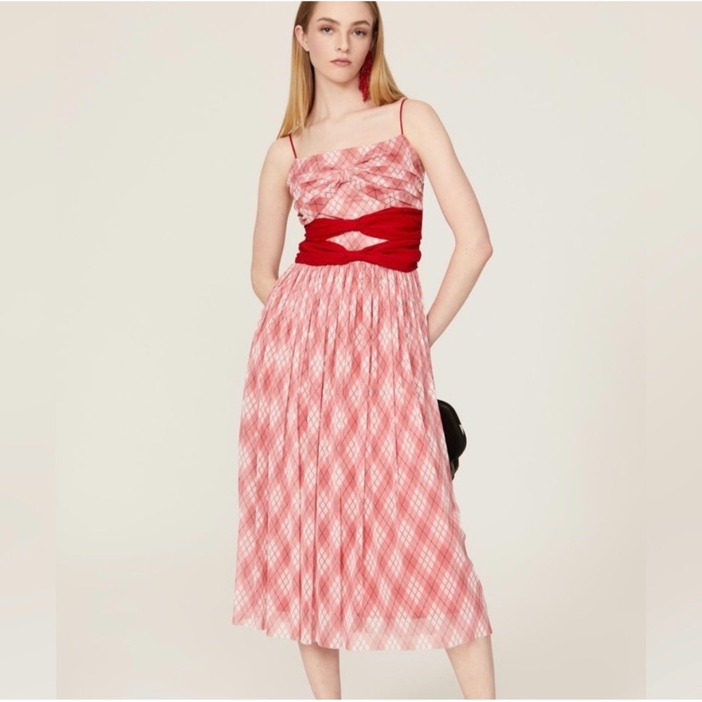 Adam Lippes Collective Red Pink Plaid Cami Mesh Bow Midi Dress Size 0